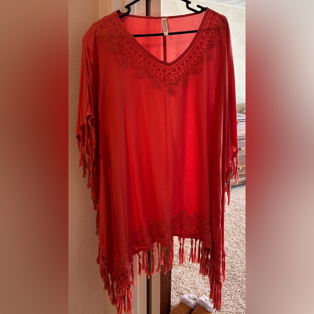 Coral Fringe Poncho Top